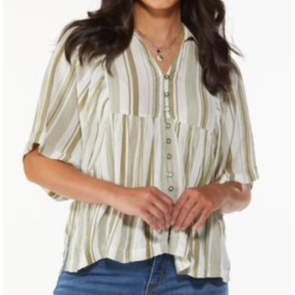 Cato Green & White Striped Button‑Front Blouse Size Xl
